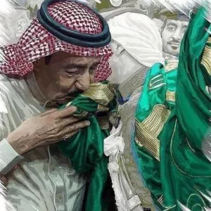 الملك سلمان حفظه الله ورعاه يقبل العلم السعودي رسمة للملك سلمان يوم بدينا يوم التأسيس