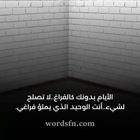 الأيام بدونك كالفراغلا تصلح لشيءأنت الوحيد الذي يملؤ فراغي - فن العبارات الأيام بدونك كالفراغ لا تصلح لشيء أنت الوحيد الذي يملؤ فراغي حالات واتس آب حزينة