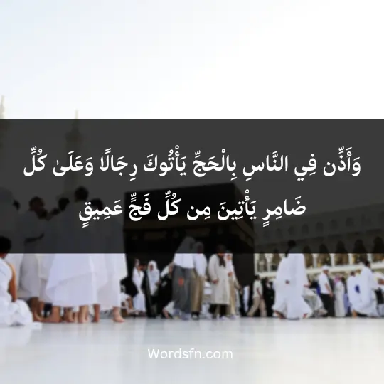 وَأَذِّن فِي النَّاسِ بِالْحَجِّ يَأْتُوكَ رِجَالًا وَعَلَىٰ كُلِّ ضَامِرٍ يَأْتِينَ مِن كُلِّ فَجٍّ عَمِيقٍ