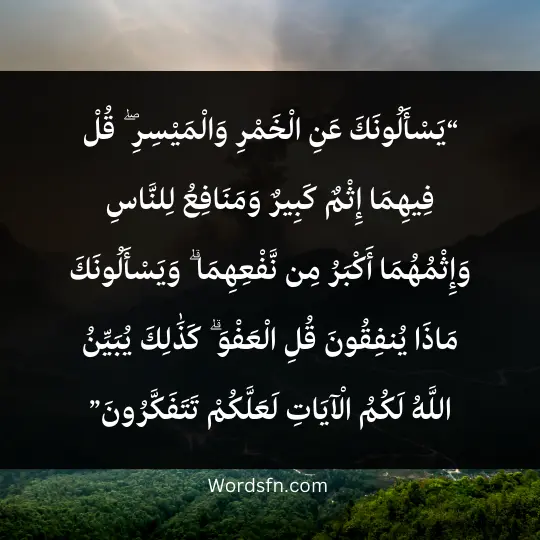 “يَسْأَلُونَكَ عَنِ الْخَمْرِ وَالْمَيْسِرِ ۖ قُلْ فِيهِمَا إِثْمٌ كَبِيرٌ وَمَنَافِعُ لِلنَّاسِ وَإِثْمُهُمَا أَكْبَرُ مِن نَّفْعِهِمَا ۗ وَيَسْأَلُونَكَ مَاذَا يُنفِقُونَ قُلِ الْعَفْوَ ۗ كَذَٰلِكَ يُبَيِّنُ اللَّهُ لَكُمُ الْآيَاتِ لَعَلَّكُمْ تَتَفَكَّرُونَ”