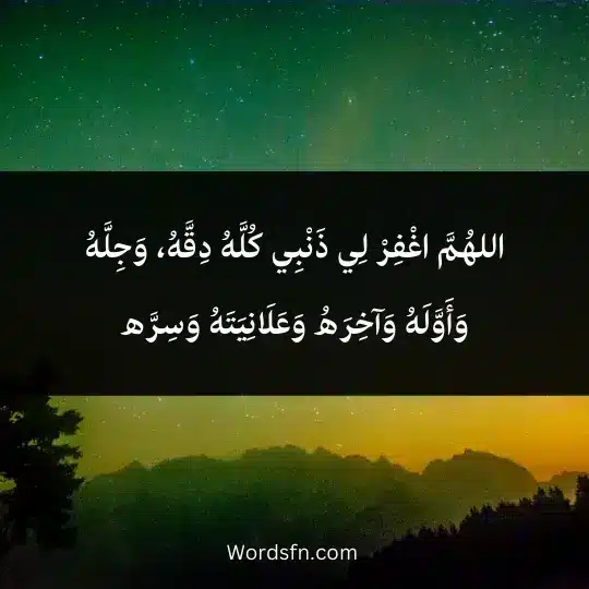 اللهُمَّ اغْفِرْ لِي ذَنْبِي كُلَّهُ دِقَّهُ، وَجِلَّهُ وَأَوَّلَهُ وَآخِرَهُ وَعَلَانِيَتَهُ وَسِرَّه
