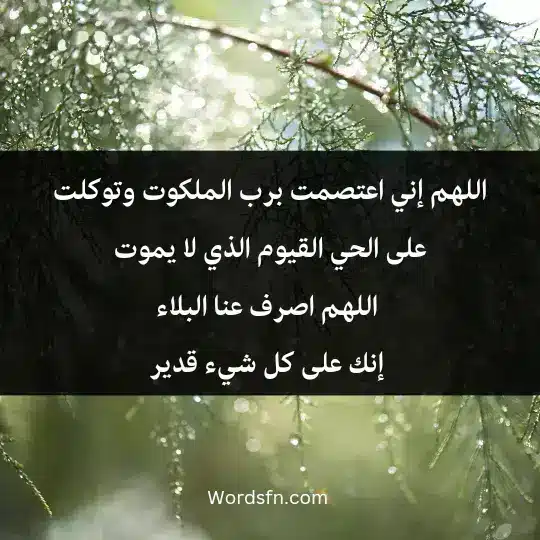 اللهم إني اعتصمت برب الملكوت وتوكلت على الحي القيوم الذي لا يموت، اللهم اصرف عنا البلاء، إنك على كل شيء قدير