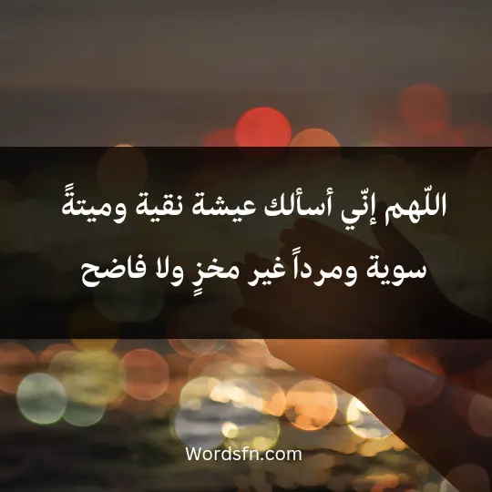 اللّهم إنّي أسألك عيشة نقية وميتةً سوية ومرداً غير مخزٍ ولا فاضح