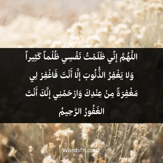 اللَّهُمَّ إنِّي ظَلَمْتُ نَفْسِي ظُلْماً كَثِيراً، وَلا يَغْفِرُ الذُّنُوبَ إلَّا أَنْتَ، فَاغْفِرْ لِي مَغْفِرَةً مِنْ عِنْدِكَ، وَارْحَمْنِي إنَّكَ أَنْتَ الغَفُورُ الرَّحِيمُ.