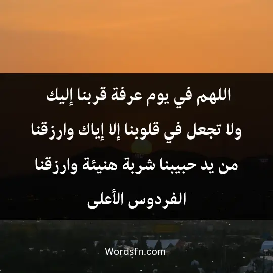 اللهم في يوم عرفة قربنا إليك، ولا تجعل في قلوبنا إلا إياك، وارزقنا من يد حبيبنا شربة هنيئة. وارزقنا الفردوس الأعلى