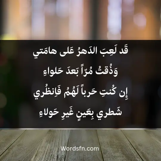 قَد لَعِبَ الدَهرُ عَلى هامَتي وَذُقتُ مُرّاً بَعدَ حَلواءِ إِن كُنتِ حَرباً لَهُمُ فَاِنظُري شَطري بِعَينٍ غَيرِ حَولاءِ