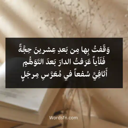 وَقَفتُ بِها مِن بَعدِ عِشرينَ حِجَّةًفَلَأياً عَرَفتُ الدارَ بَعدَ التَوَهُّمِ أَثافِيَّ سُفعاً في مُعَرَّسِ مِرجَلٍ