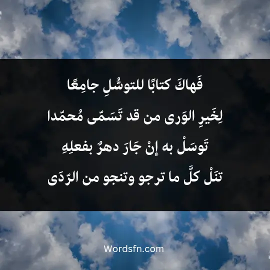 Poems praising the Prophet 2 - فن العبارات فَهاكَ كتابًا للتوسُّلِ جامِعًا لِخَيرِ الوَرى من قد تَسَمّى مُحمّدا تَوسَلْ به إنْ جَارَ دهرٌ بفعلِهِ تنَلْ كلَّ ما ترجو وتنجو من الرّدَى