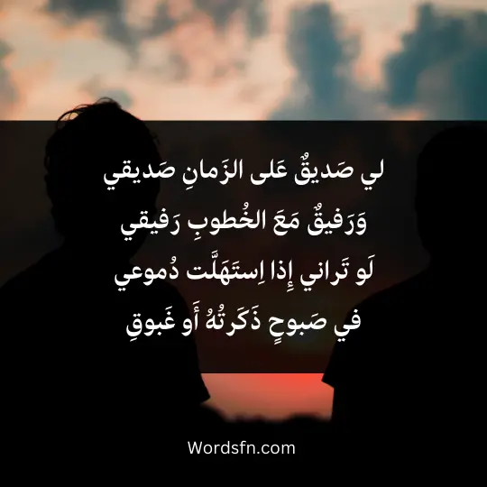 Poetry about a friend 3 - فن العبارات لي صَديقٌ عَلى الزَمانِ صَديقي وَرَفيقٌ مَعَ الخُطوبِ رَفيقي لَو تَراني إِذا اِستَهَلَّت دُموعي في صَبوحٍ ذَكَرتُهُ أَو غَبوقِ