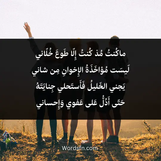 Poetry about a friend 4 - فن العبارات ماكُنتُ مُذ كُنتُ إِلّا طَوعَ خُلّاني لَيسَت مُؤاخَذَةُ الإِخوانِ مِن شاني يَجني الخَليلُ فَأَستَحلي جِنايَتَهُ حَتّى أَدُلُّ عَلى عَفوي وَإِحساني