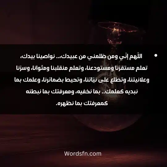 اللّهم إنّي ومن ظلمني من عبيدك،.. نواصينا بيدك، تعلم مستقرّنا ومستودعنا، وتعلم منقلبنا ومثوانا، وسرّنا وعلانيتنا، وتطلع على نيّاتنا، وتحيط بضمائرنا، وعلمك بما نبديه كعلمك.. بما نخفيه، ومعرفتك بما نبطنه كمعرفتك بما نظهره.