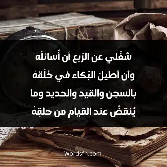شغْلي عن الرّبع أن أُسائلَه وأن أطيلَ البُكاء في خَلَقِهْ بالسجن والقيد والحديد وما يُنقضُ عند القيام من حلَقِهْ