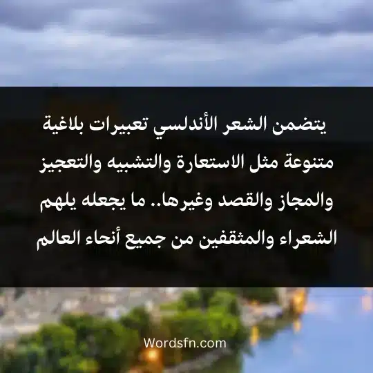  يتضمن الشعر الأندلسي تعبيرات بلاغية متنوعة مثل الاستعارة والتشبيه والتعجيز والمجاز والقصد وغيرها.. ما يجعله يلهم الشعراء والمثقفين من جميع أنحاء العالم