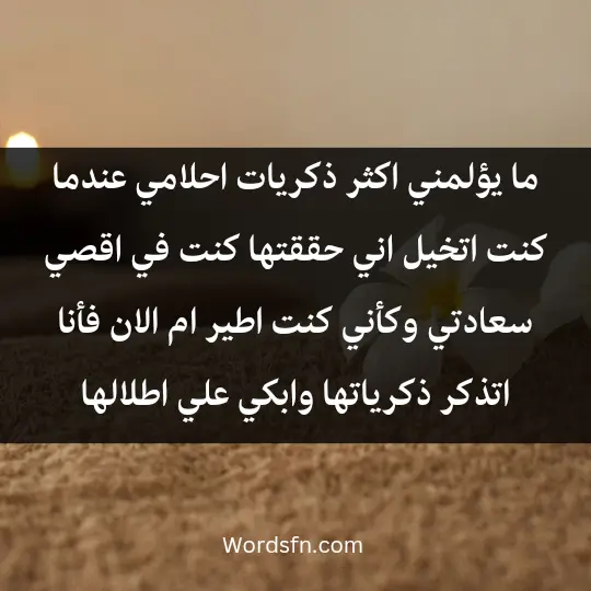 ما يؤلمني اكثر ذكريات احلامي عندما كنت اتخيل اني حققتها كنت في اقصي سعادتي وكأني كنت اطير ام الان فأنا اتذكر ذكرياتها وابكي علي اطلالها