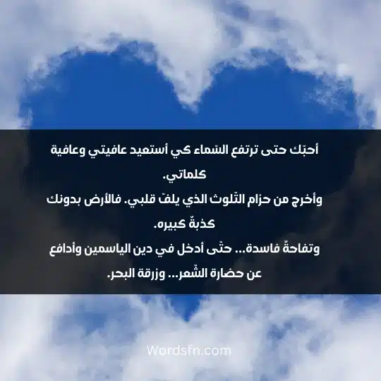 أحبّك حتى ترتفع السّماء كي أستعيد عافيتي وعافية كلماتي. وأخرج من حزام التّلوث الذي يلفّ قلبي. فالأرض بدونك كذبةٌ كبيره. وتفاحةٌ فاسدة... حتّى أدخل في دين الياسمين وأدافع عن حضارة الشّعر... وزرقة البحر.