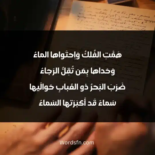 هَمَّتِ الفُلكُ وَاِحتَواها الماءُ وَحَداها بِمَن تُقِلُّ الرَجاءُ ضَرَبَ البَحرُ ذو العُبابِ حَوالَيها سَماءً قَد أَكبَرَتها السَماءُ