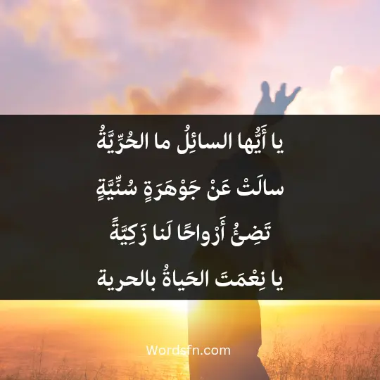 يا أَيُّها السائِلُ ما الحُرِّيَّةُ سالَتْ عَنْ جَوْهَرَةٍ سُنِّيَّةٍ تَضِئُ أَرْواحًا لَنا زَكِيَّةً يا نِعْمَتَ الحَياةُ بالحرية