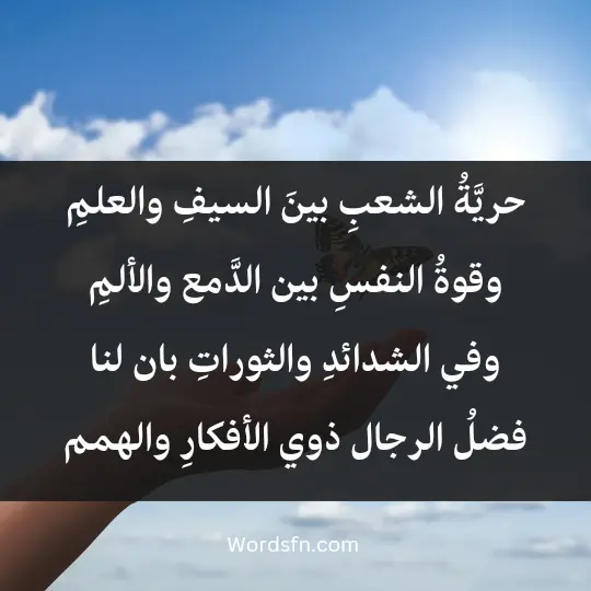 حريَّةُ الشعبِ بينَ السيفِ والعلمِ وقوةُ النفسِ بين الدَّمع والألمِ وفي الشدائدِ والثوراتِ بان لنا فضلُ الرجال ذوي الأفكارِ والهمم
