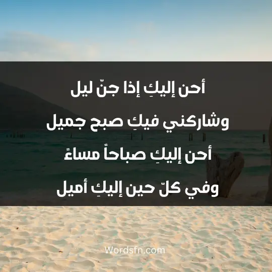 أحن إليكِ إذا جنّ ليل وشاركني فيكِ صبح جميل أحن إليكِ صباحاً مساءً وفي كلّ حين إليكِ أميل أصبر