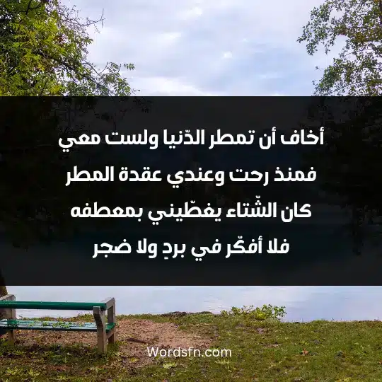 أخاف أن تمطر الدّنيا ولست معي فمنذ رحت وعندي عقدة المطر كان الشّتاء يغطّيني بمعطفه فلا أفكّر في بردٍ ولا ضجر