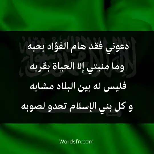 دعوني فقد هام الفؤاد بحبه ‍ وما منيتي إلا الحياة بقربه فليس له بين البلاد مشابه ‍ و كل بني الإسلام تحدو لصوبه