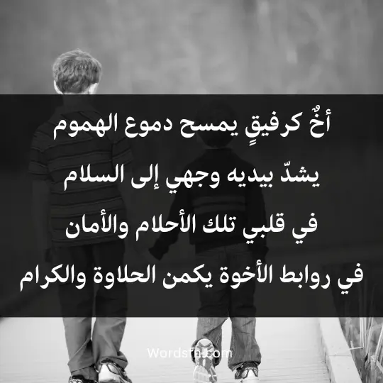 أخٌ كرفيقٍ يمسح دموع الهموم، يشدّ بيديه وجهي إلى السلام، في قلبي تلك الأحلام والأمان، في روابط الأخوة يكمن الحلاوة والكرام