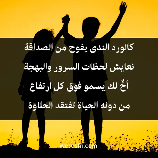 كالورد الندى يفوح من الصداقة، نعايش لحظات السرور والبهجة، أخٌ لك يسمو فوق كل ارتفاع، من دونه الحياة تفتقد الحلاوة