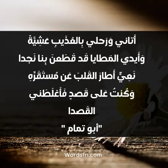 أبو تمام أَتاني وَرَحلي بِالعُذَيبِ عَشِيَّةً وَأَيدي المَطايا قَد قَطَعنَ بِنا نَجدا نَعِيٌّ أَطارَ القَلبَ عَن مُستَقَرِّهِ وَكُنتُ عَلى قَصدٍ فَأَغلَطَني القَصدا