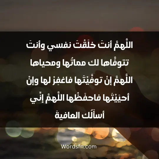 اللَّهمَّ أنتَ خلَقْتَ نفسي وأنتَ تتوفَّاها لك مماتُها ومحياها اللَّهمَّ إنْ توفَّيْتَها فاغفِرْ لها وإنْ أحيَيْتَها فاحفَظْها اللَّهمَّ إنِّي أسأَلُك العافيةَ