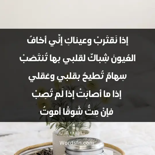 إذا نَقتَربْ وعيناكِ إنِّي أخافُ العُيونَ شِباكٌ لقلبي بها تُنتَصَبْ سِهامٌ تُطيحُ بقلبي وعَقلي إذا ما أصابَتْ إذا لَم تُصِبْ فإنْ مِتُّ شَوقًا أموتُ