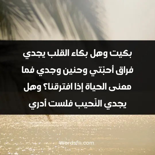 بكيت وهل بكاء القلب يجدي؟ فراق أحبّتي وحنين وجدي فما معنى الحياة إذا افترقنا؟ وهل يجدي النّحيب فلست أدري