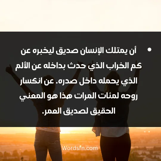 أن يمتلك الإنسان صديق ليخبره عن كم الخراب الذي حدث بداخله عن الألم الذي يحمله داخل صدره. عن انكسار روحه لمئات المرات هذا هو المعني الحقيق لصديق العمر.