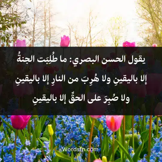 يقول الحسن البصري: (ما طُلِبَت الجنةُ إلا باليقينِ، ولا هُرِبَ من النارِ إلا باليقينِ، ولا صُبِرَ على الحقِّ إلا باليقينِ