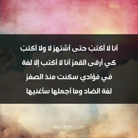 The most beautiful poems about the Arabic language 2 - فن العبارات أنا لا أكتبُ حتى أشتهرْ لا ولا أكتبُ كي أرقى القمرْ أنا لا أكتب إلا لغة في فؤادي سكنت منذ الصغرْ لغة الضاد وما أجملها سأغنيها