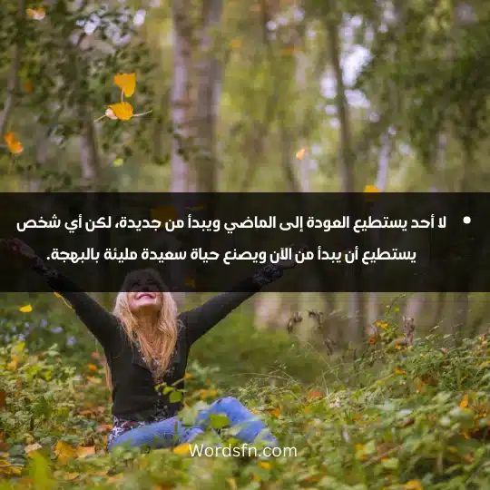 Thoughts about happiness and optimism 3 - فن العبارات لا أحد يستطيع العودة إلى الماضي ويبدأ من جديدة، لكن أي شخص يستطيع أن يبدأ من الآن ويصنع حياة سعيدة مليئة بالبهجة.