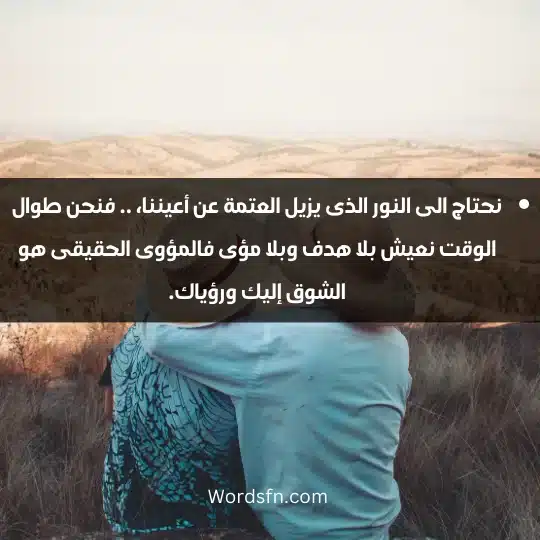 نحتاج الى النور الذى يزيل العتمة عن أعيننا، .. فنحن طوال الوقت نعيش بلا هدف وبلا مؤى فالمؤوى الحقيقى هو الشوق إليك ورؤياك.