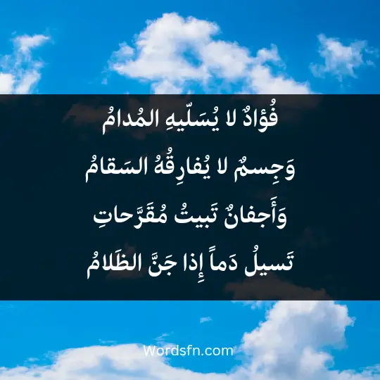 فُؤادٌ لا يُسَلّيهِ المُدامُ وَجِسمٌ لا يُفارِقُهُ السَقامُ وَأَجفانٌ تَبيتُ مُقَرَّحاتِ تَسيلُ دَماً إِذا جَنَّ الظَلامُ