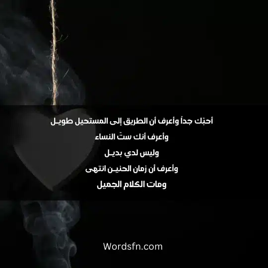 poetry about love 3 - فن العبارات أحبّك جداً وأعرف أن الطريق إلى المستحيل طويـل وأعرف أنك ستّ النساء وليس لدي بديـل وأعرف أن زمان الحنيـن انتهى ومات الكلام الجميل