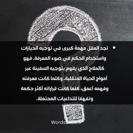 تجد العقل مهمةً كبرى في توجيه الخيارات واستخدام الحكم في ضوء المعرفة. فهو كالملاح الذي يقوم بتوجيه السفينة عبر أمواج الحياة المتقلبة، وكلما كانت معرفته وفهمه أعمق، كلما كانت قراراته أكثر حكمة وتفهمًا للتداعيات المحتملة.