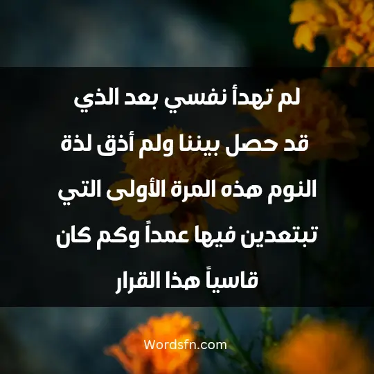 لم تهدأ نفسي بعد الذي قد حصل بيننا، ولم أذق لذة النوم، هذه المرة الأولى التي تبتعدين فيها عمداً وكم كان قاسياً هذا القرار