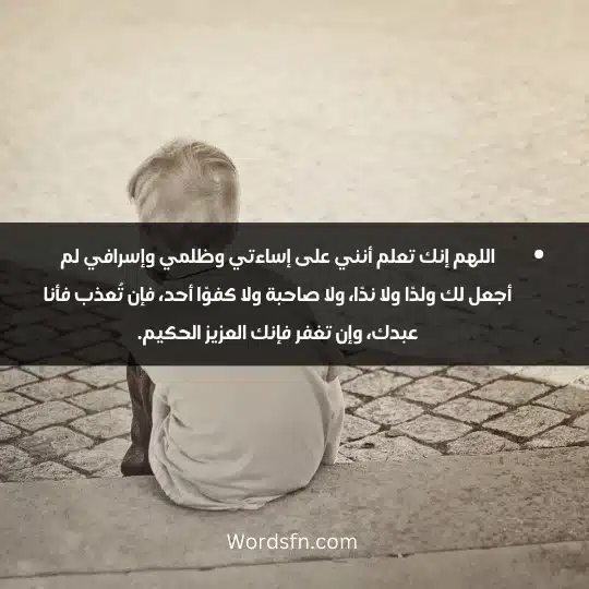 اللهم إنك تعلم أنني على إساءتي وظلمي وإسرافي لم أجعل لك ولدًا ولا ندًا، ولا صاحبة ولا كفوًا أحد، فإن تُعذب فأنا عبدك، وإن تغفر فإنك العزيز الحكيم.