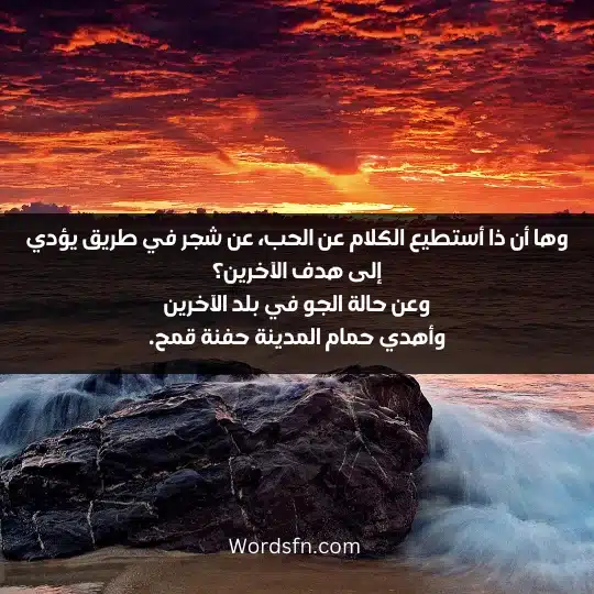 وها أن ذا أستطيع الكلام عن الحب، عن شجر في طريق يؤدي إلى هدف الآخرين؟ وعن حالة الجو في بلد الآخرين وأهدي حمام المدينة حفنة قمح.