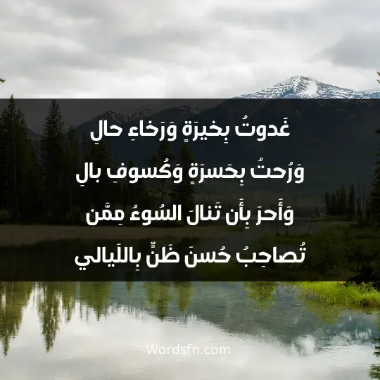 غَدوتُ بِخيرَةٍ وَرَخاءِ حالِ وَرُحتُ بِحَسرَةٍ وَكُسوفِ بالِ وَأَحرَ بِأَن تَنالَ السُوءُ مِمَّن تُصاحِبُ حُسنَ ظَنٍّ بِاللَيالي