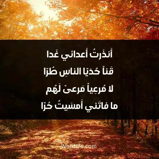 أَنذَرتُ أَعدائي غَدا ةَ قَناً حُدَيّا الناسِ طُرّا لا مُرعِياً مَرعىً لَهُم ما فاتَني أَمسَيتُ حُرّا