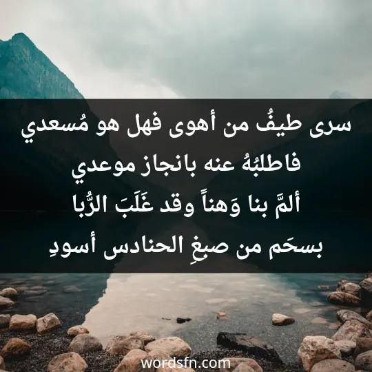 سرى طيفُ من أهوى فهل هو مُسعدي فاطلبُهُ عنه بانجاز موعدي ألمَّ بنا وَهناً وقد غَلَبَ الرُّبا بسحَم من صبغِ الحنادس أسودِ