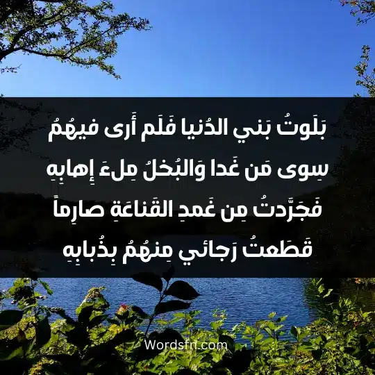 بَلَوتُ بَني الدُنيا فَلَم أَرى فيهُمُ سِوى مَن غَدا وَالبُخلُ مِلءَ إِهابِهِ فَجَرَّدتُ مِن غَمدِ القَناعَةِ صارِماً قَطَعتُ رَجائي مِنهُمُ بِذُبابِهِ