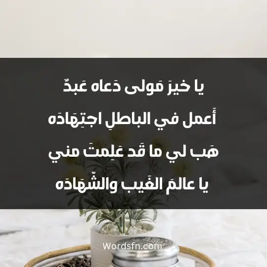 يا خيرَ مَولى دَعاه عَبدٌ أَعمل في الباطلِ اجتِهَادَه هَب لي ما قَد عَلِمتَ مني يا عالمَ الغَيب والشّهَادَه