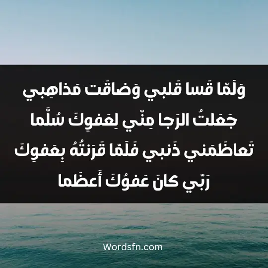 وَلَمّا قَسا قَلبي وَضاقَت مَذاهِبي جَعَلتُ الرَجا مِنّي لِعَفوِكَ سُلَّما تَعاظَمَني ذَنبي فَلَمّا قَرَنتُهُ بِعَفوِكَ رَبّي كانَ عَفوُكَ أَعظَما