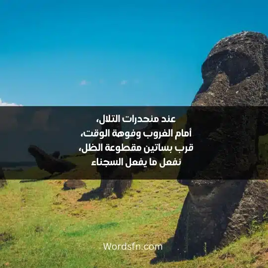 عند منحدرات التلال، أمام الغروب وفوهة الوقت، قرب بساتين مقطوعة الظل، نفعل ما يفعل السجناء