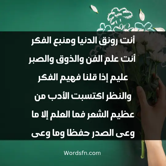 Poetry about teachers day1 - فن العبارات أنت رونق الدنيا ومنبع الفكر أنت علم الفن والذوق والصبر عليم إذا قلنا فهيم الفكر والنظر اكتسبت الأدب من عظيم الشعر فما العلم إلا ما وعى الصدر حفظا وما وعى